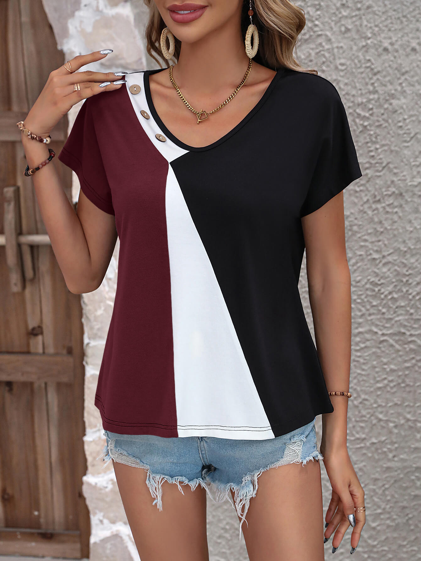 Color Block Decorative Button V-Neck Tee-Teresa&#39;s Fashionista LLC