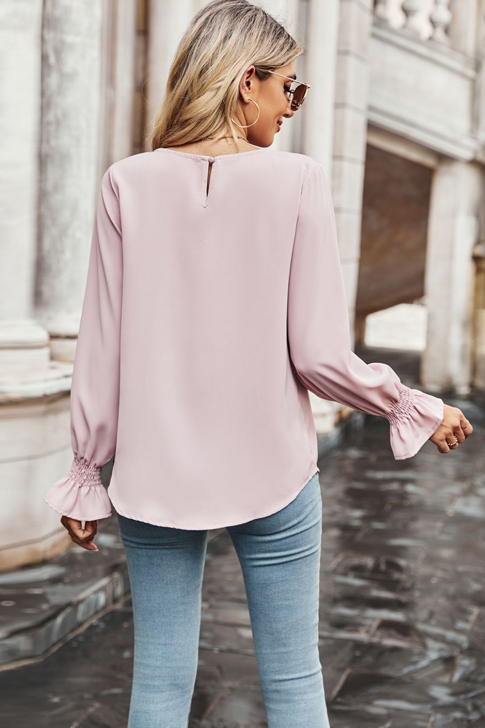 Round Neck Long Flounce Sleeve Blouse-Teresa&#39;s Fashionista LLC