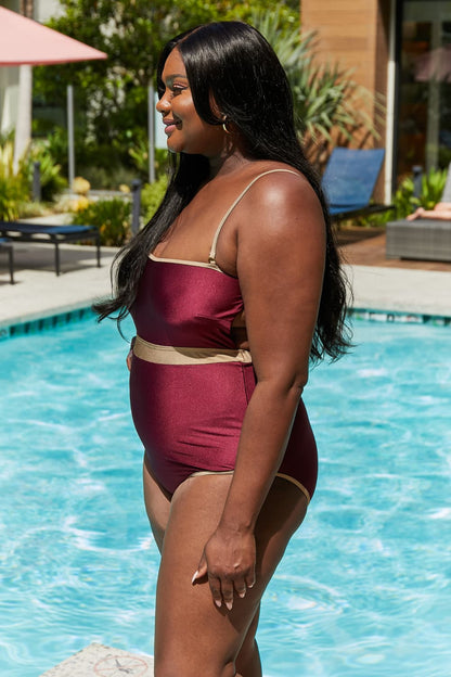 Marina West Swim Wave Break Contrast Trim One-Piece in Wine-Teresa&#39;s Fashionista LLC