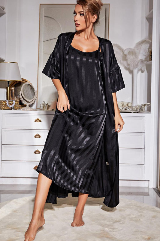 Striped Flounce Sleeve Open Front Robe and Cami Dress Set-Teresa&#39;s Fashionista LLC