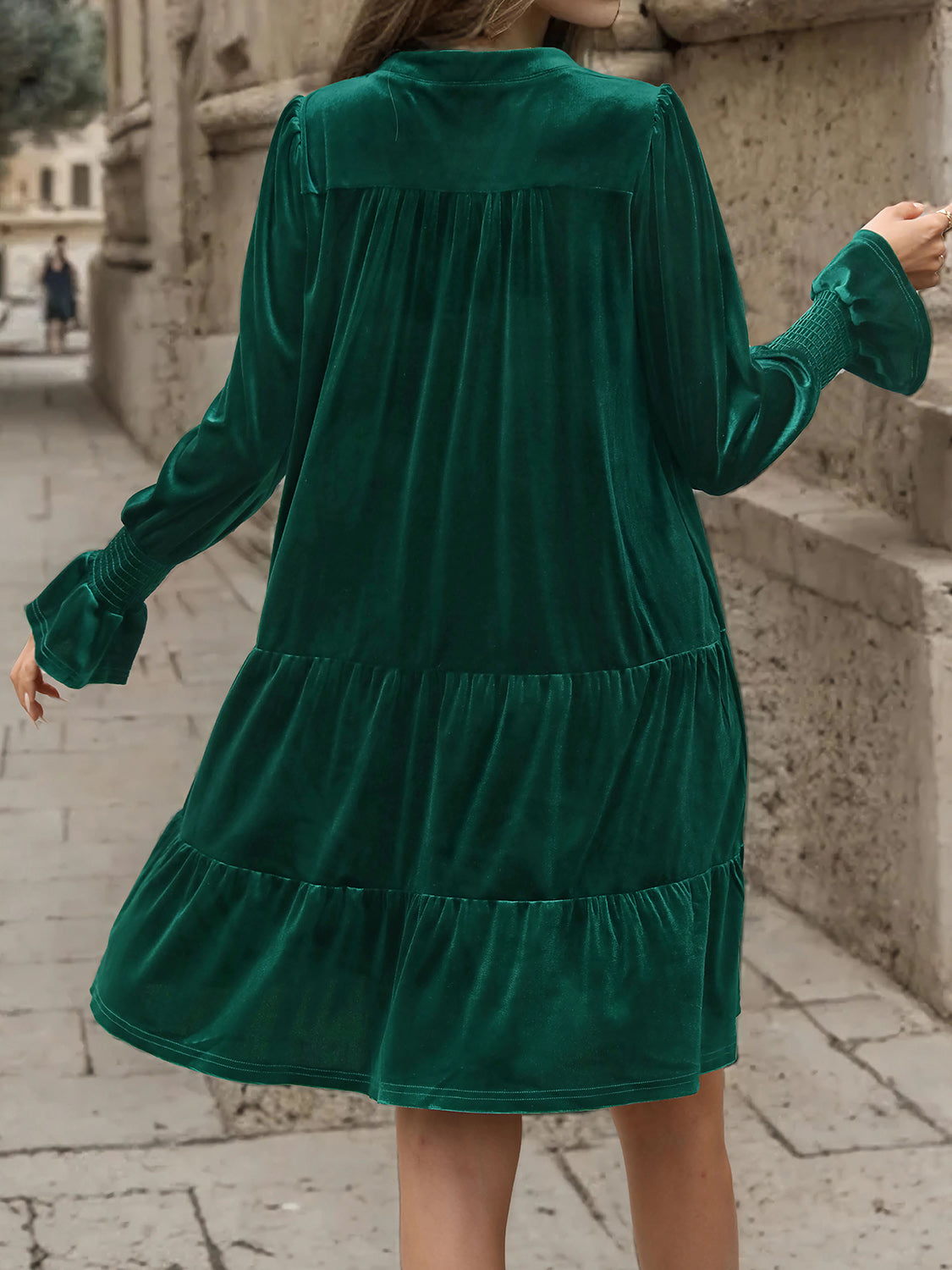 Notched Long Sleeve Tiered Dress-Teresa&#39;s Fashionista LLC