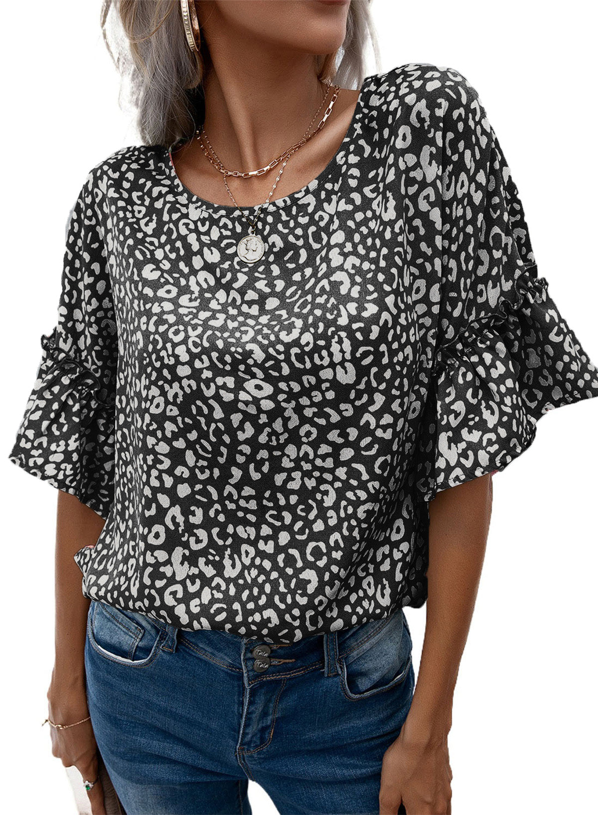 Leopard Round Neck Frill Trim Blouse-Teresa&#39;s Fashionista LLC