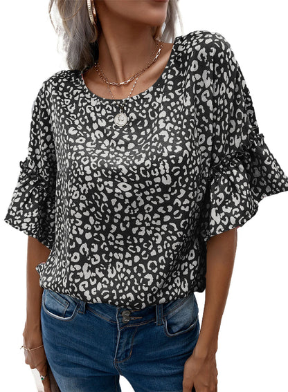 Leopard Round Neck Frill Trim Blouse-Teresa&#39;s Fashionista LLC