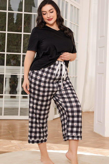 V-Neck Tee and Plaid Cropped Pants Lounge Set-Teresa&#39;s Fashionista LLC