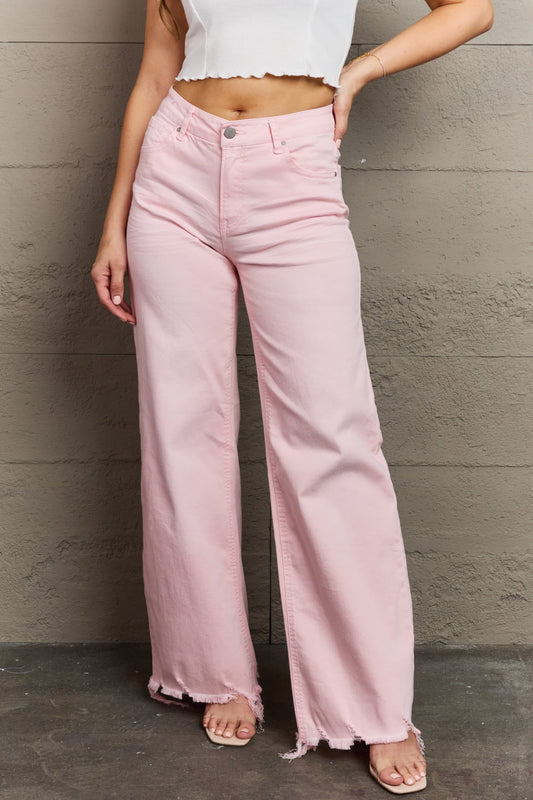 RISEN Raelene Full Size High Waist Wide Leg Jeans in Light Pink-Teresa&#39;s Fashionista LLC