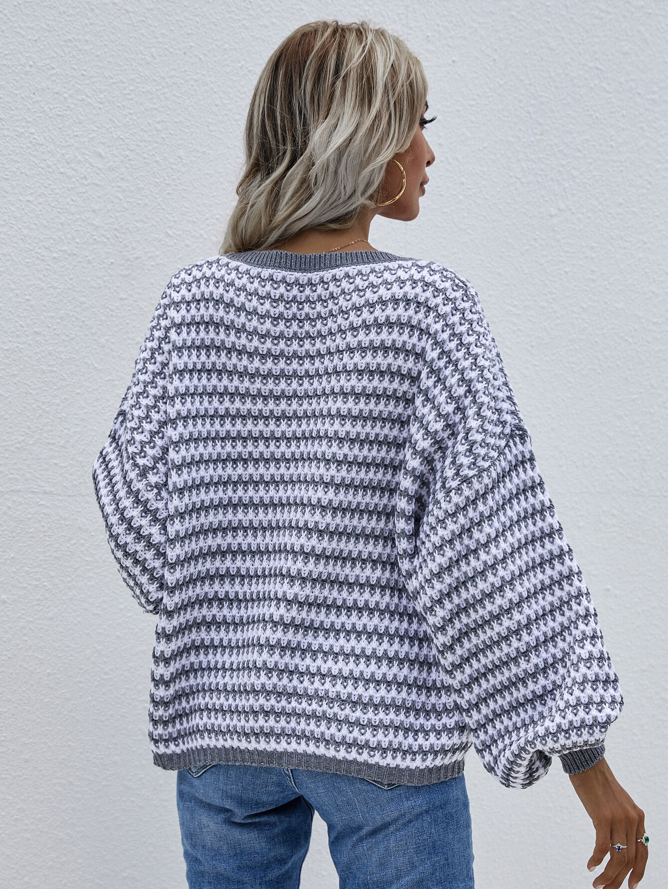 Striped Drop Shoulder V-Neck Pullover Sweater-Teresa&#39;s Fashionista LLC