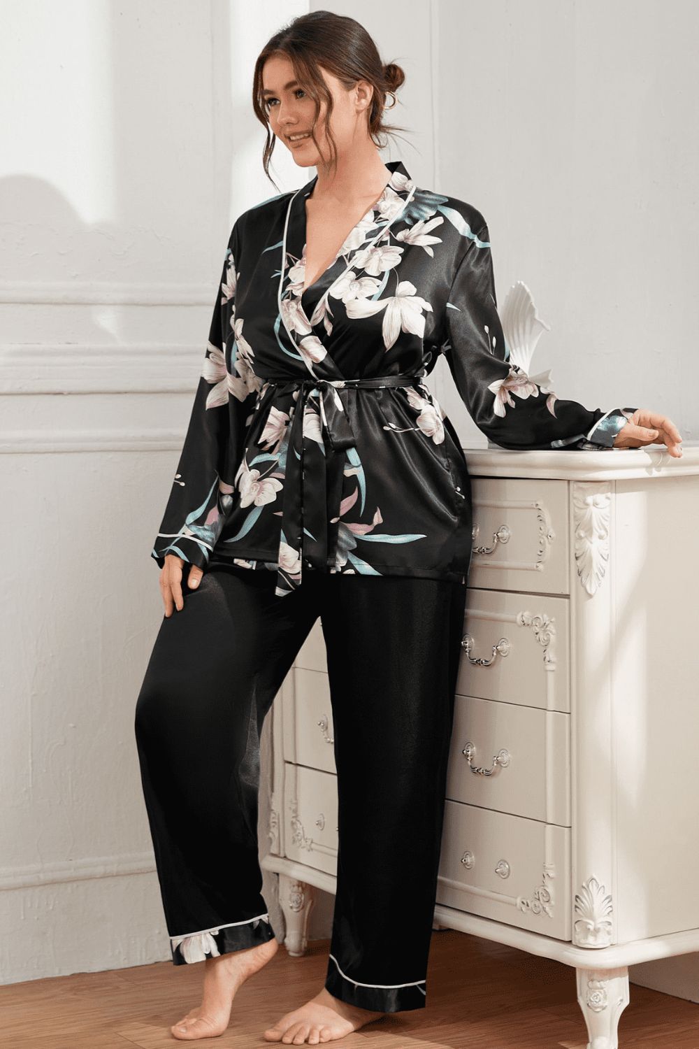 Plus Size Floral Belted Robe and Pants Pajama Set-Teresa&#39;s Fashionista LLC