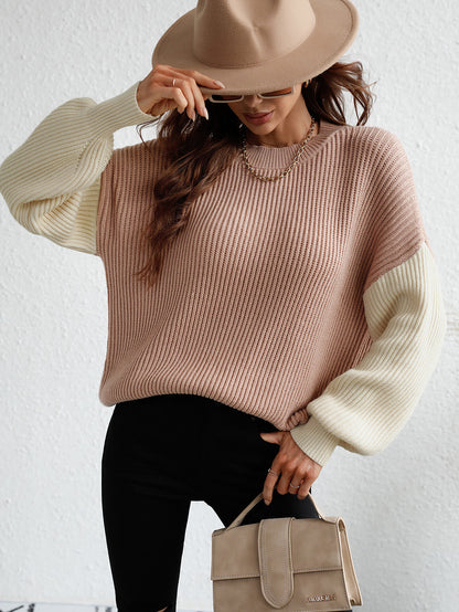 Two-Tone Rib-Knit Dropped Shoulder Sweater-Teresa&#39;s Fashionista LLC