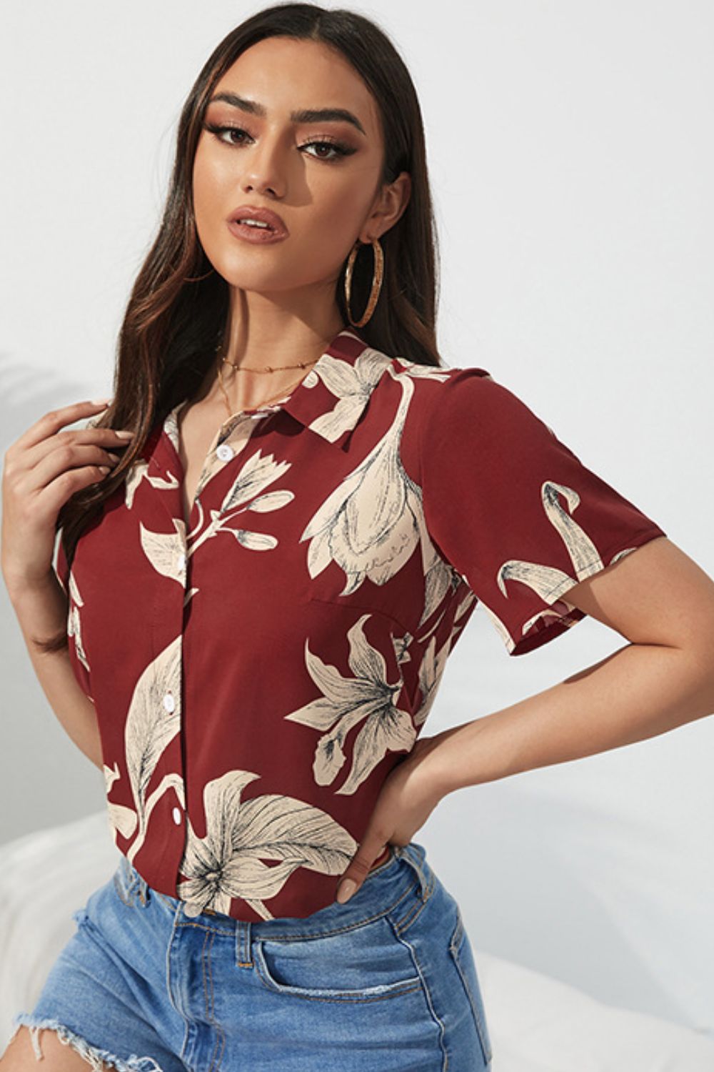 Floral Button-Up Short Sleeve Shirt-Teresa&#39;s Fashionista LLC