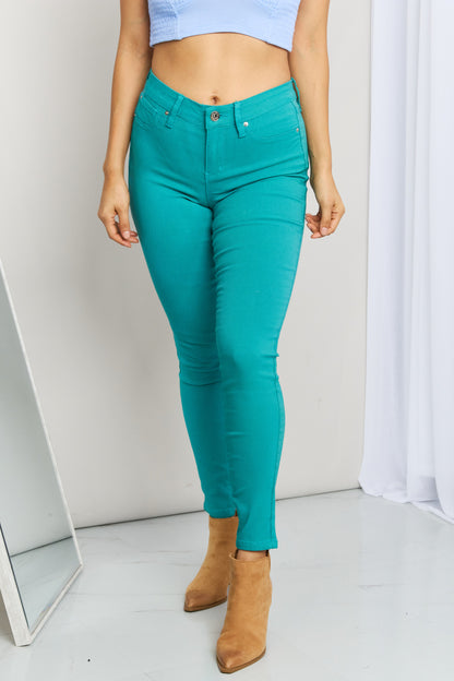 YMI Jeanswear Kate Hyper-Stretch Full Size Mid-Rise Skinny Jeans in Sea Green-Teresa&#39;s Fashionista LLC