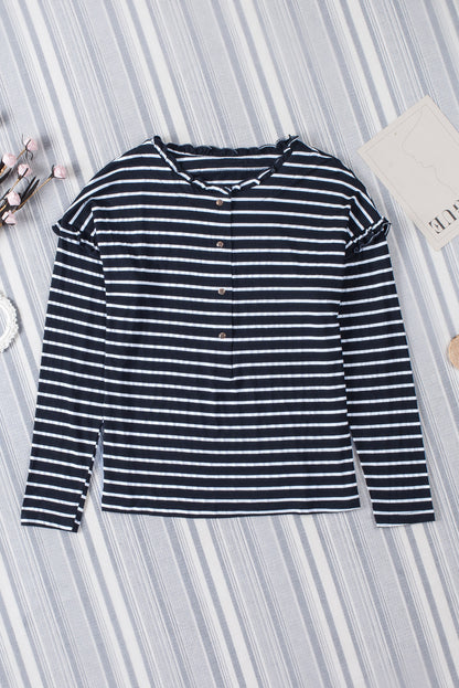 Striped Half Button Frill Trim Top-Teresa&#39;s Fashionista LLC