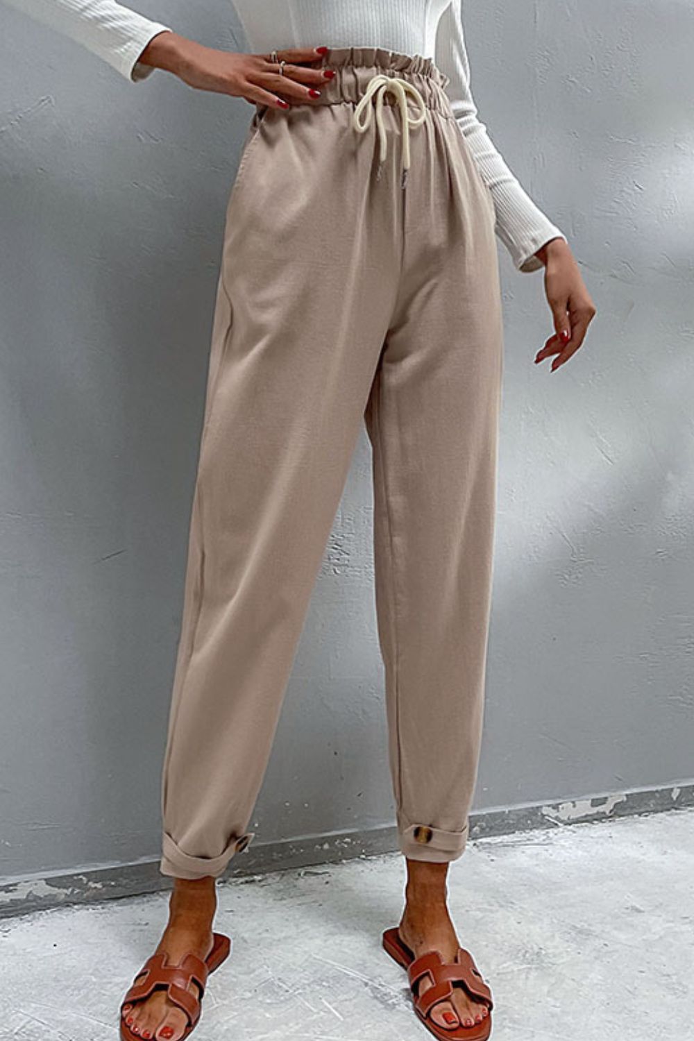 Drawstring Paperbag Waist Button Detail Pants-Teresa&#39;s Fashionista LLC