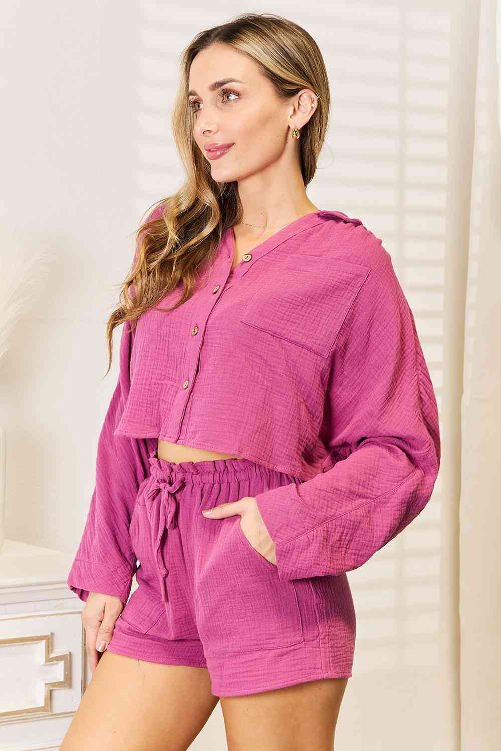 Basic Bae Buttoned Long Sleeve Top and Shorts Set-Teresa&#39;s Fashionista LLC