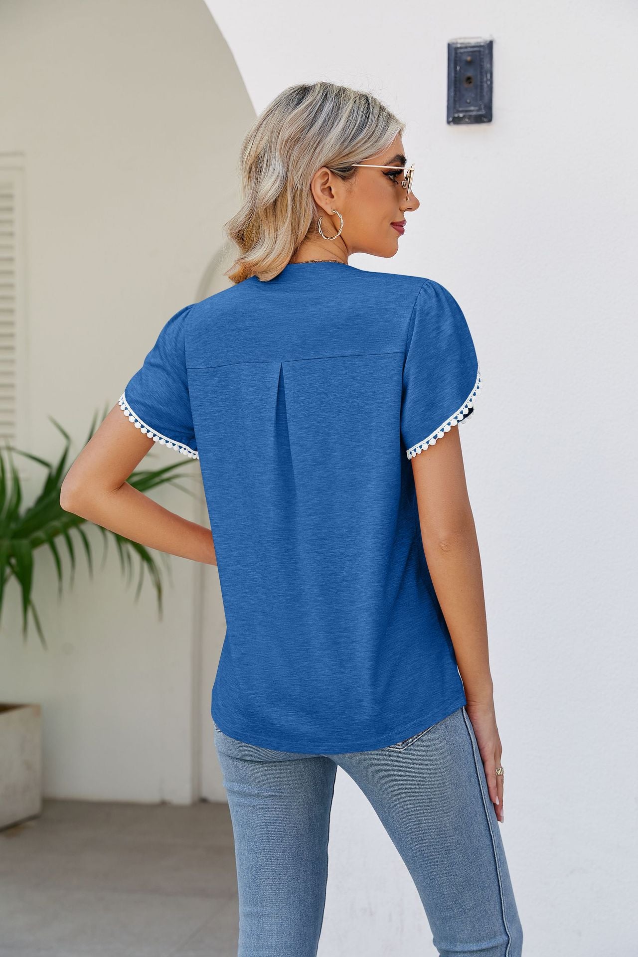 Pom-Pom Trim Petal Sleeve Notched Neck Top-Teresa&#39;s Fashionista LLC