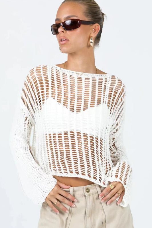 Openwork Boat Neck Long Sleeve Cover Up - Teresa's Fashionista LLC