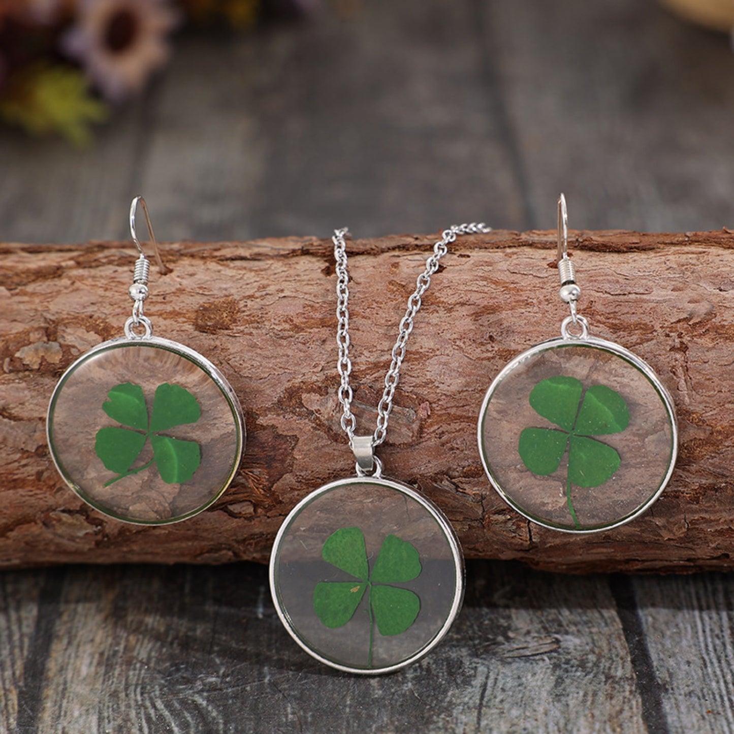 Lucky Clover Alloy Acrylic Earrings and Necklace Jewelry Set-Teresa&#39;s Fashionista LLC