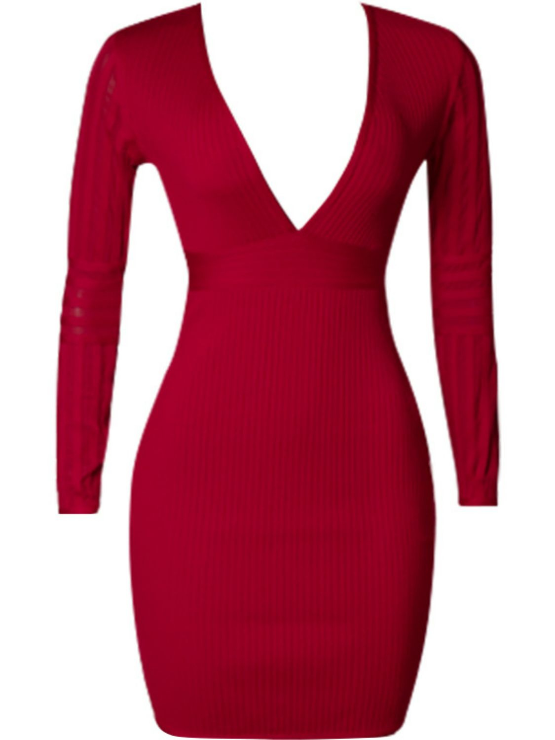 Ribbed Deep V Long Sleeve Mini Bandage Dress-Teresa&#39;s Fashionista LLC