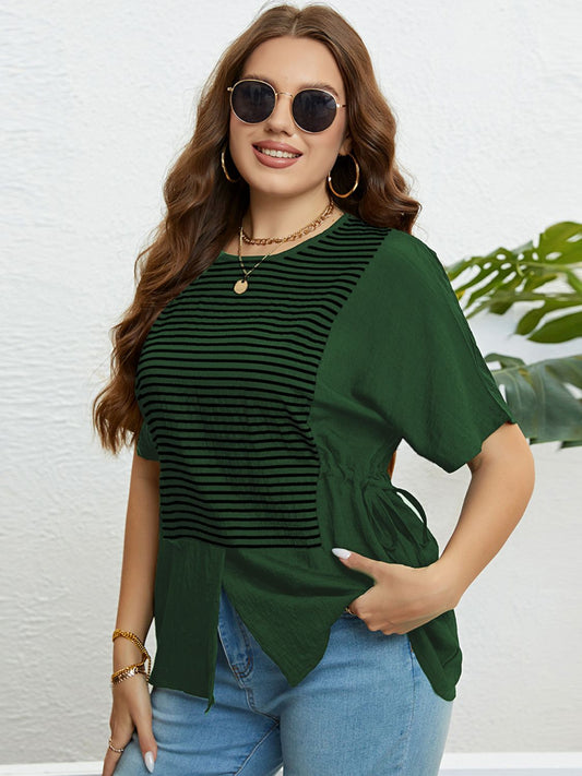 Plus Size Striped Drawstring Slit Top-Teresa&#39;s Fashionista LLC