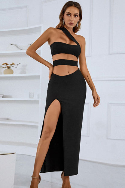 One-Shoulder Cutout Front Split Maxi Dress-Teresa&#39;s Fashionista LLC