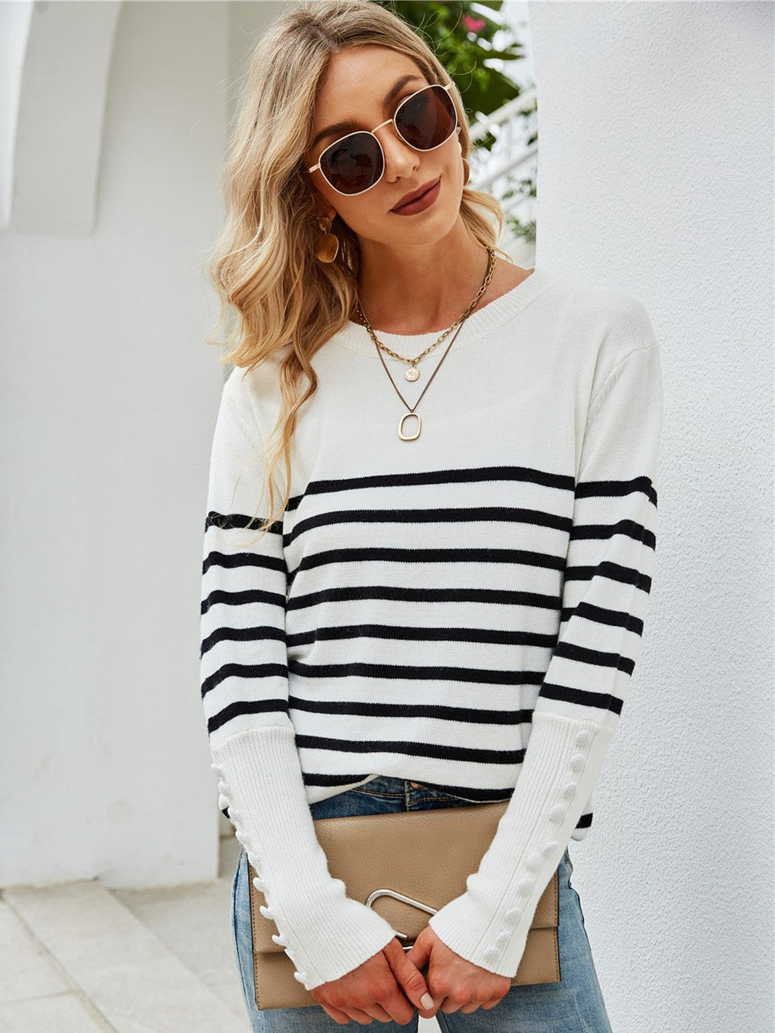 Striped Decorative Button Knit Top-Teresa&#39;s Fashionista LLC