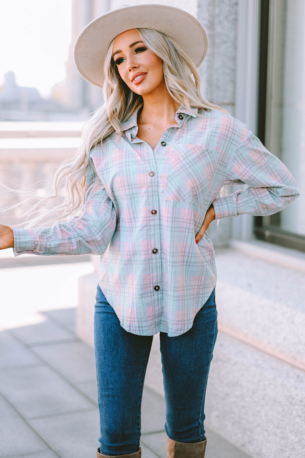 Plaid Button-Up Dropped Shoulder Shirt-Teresa&#39;s Fashionista LLC