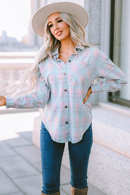 Plaid Button-Up Dropped Shoulder Shirt-Teresa&#39;s Fashionista LLC