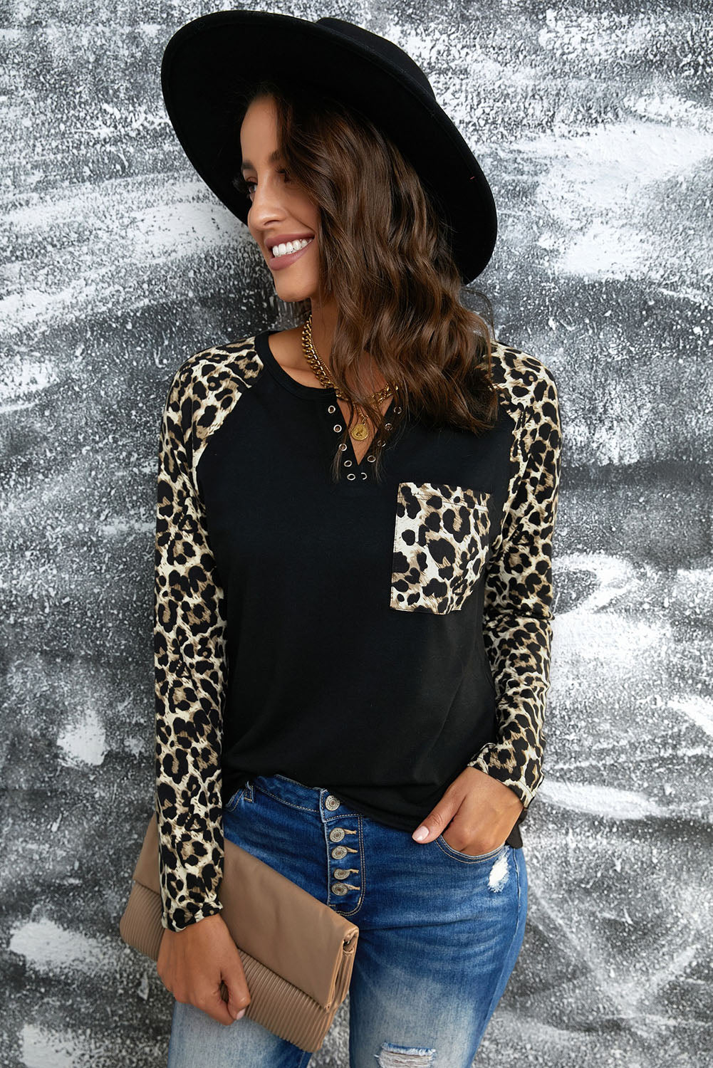 Leopard Print Grommet Long Sleeve Tee-Teresa&#39;s Fashionista LLC