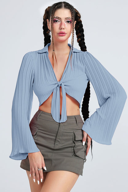 Tie Front Johnny Collar Flare Sleeve Cropped Top-Teresa&#39;s Fashionista LLC