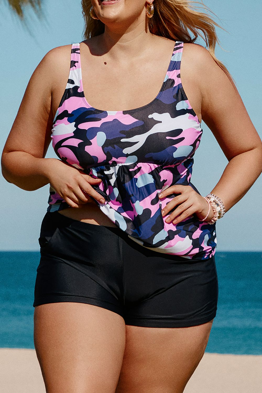 Plus Size Camouflage Peplum Two-Piece Tankini Set-Teresa&#39;s Fashionista LLC