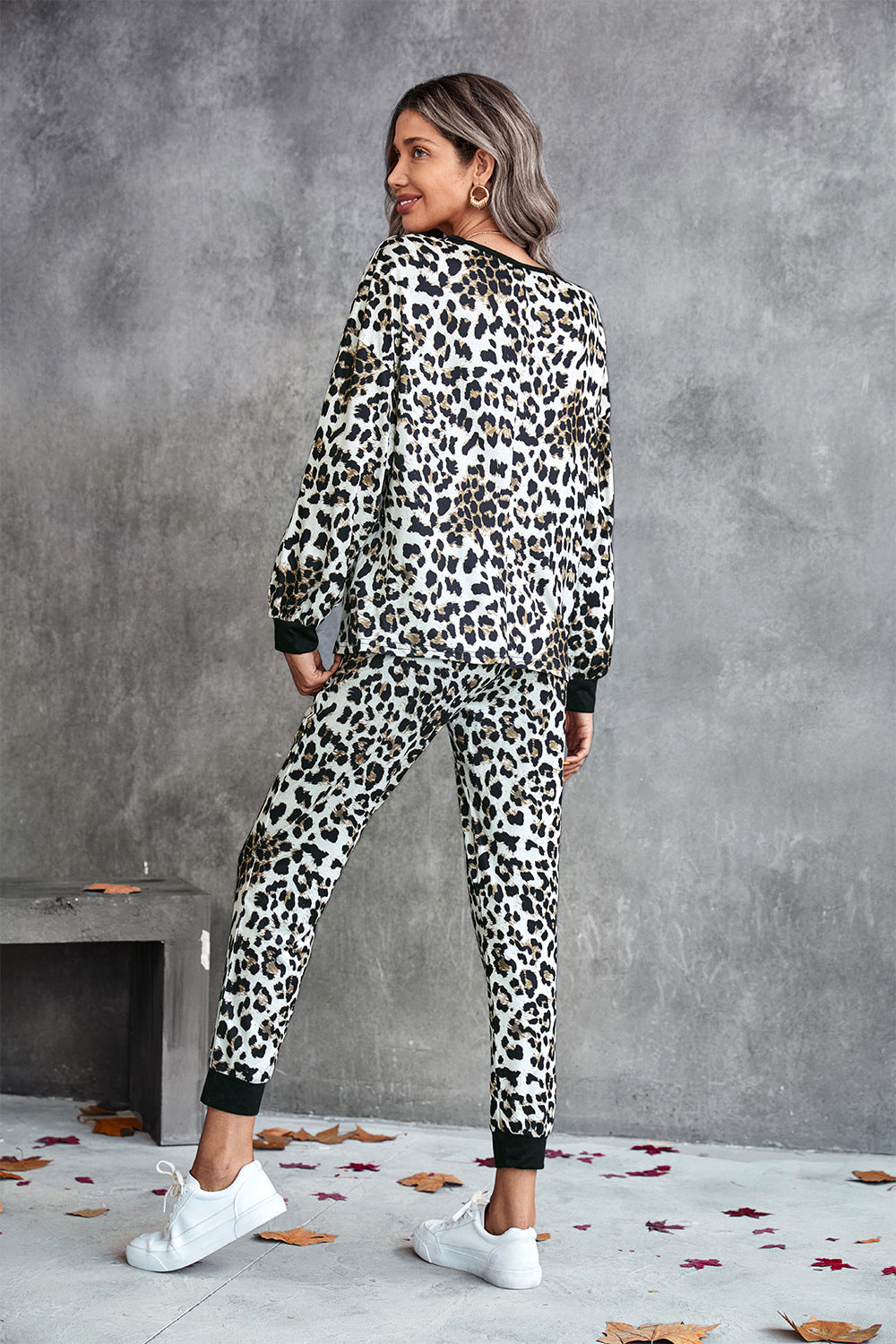 Leopard V-Neck Dropped Shoulder Loungewear Set-Teresa&#39;s Fashionista LLC