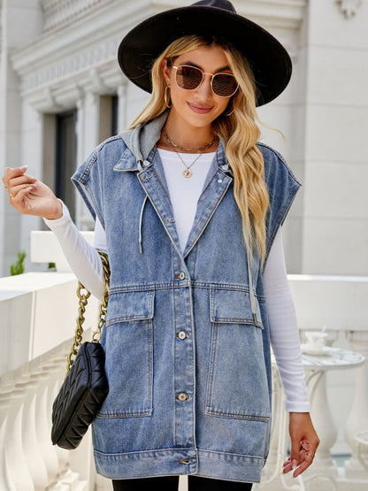 Hooded Sleeveless Denim Top with Pockets-Teresa&#39;s Fashionista LLC