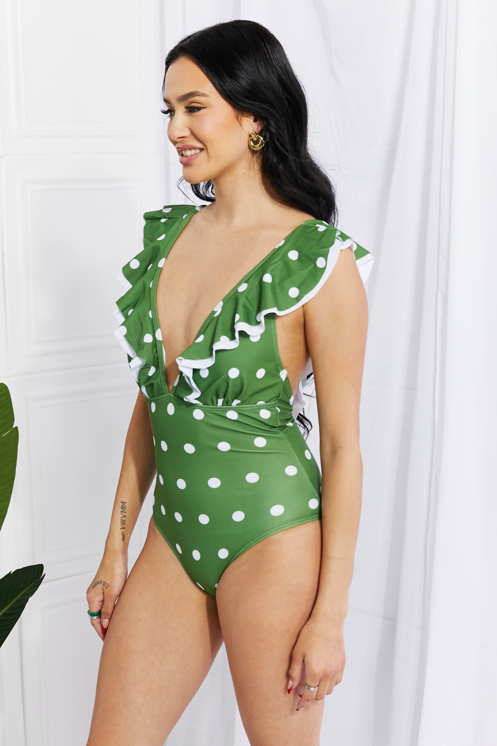 Marina West Swim Moonlit Dip Ruffle Plunge Swimsuit in Mid Green-Teresa&#39;s Fashionista LLC