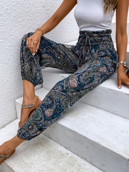 Paisley Print Smocked High-Waist Pants-Teresa&#39;s Fashionista LLC