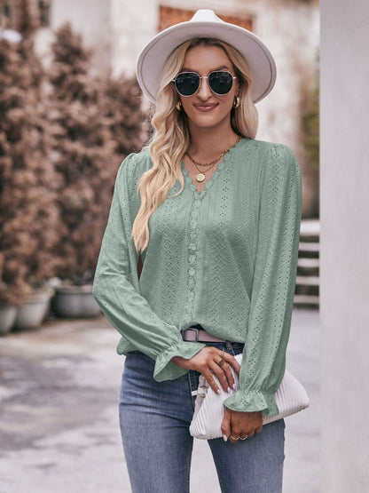 Eyelet V-Neck Flounce Sleeve Blouse-Teresa&#39;s Fashionista LLC