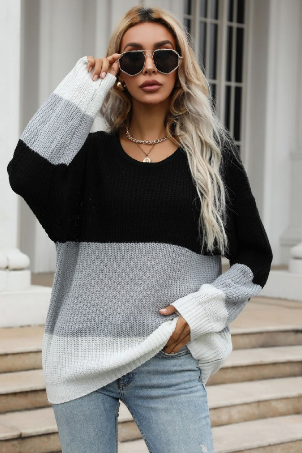 Color Block Long Sleeve Chunky Knit Sweater-Teresa&#39;s Fashionista LLC