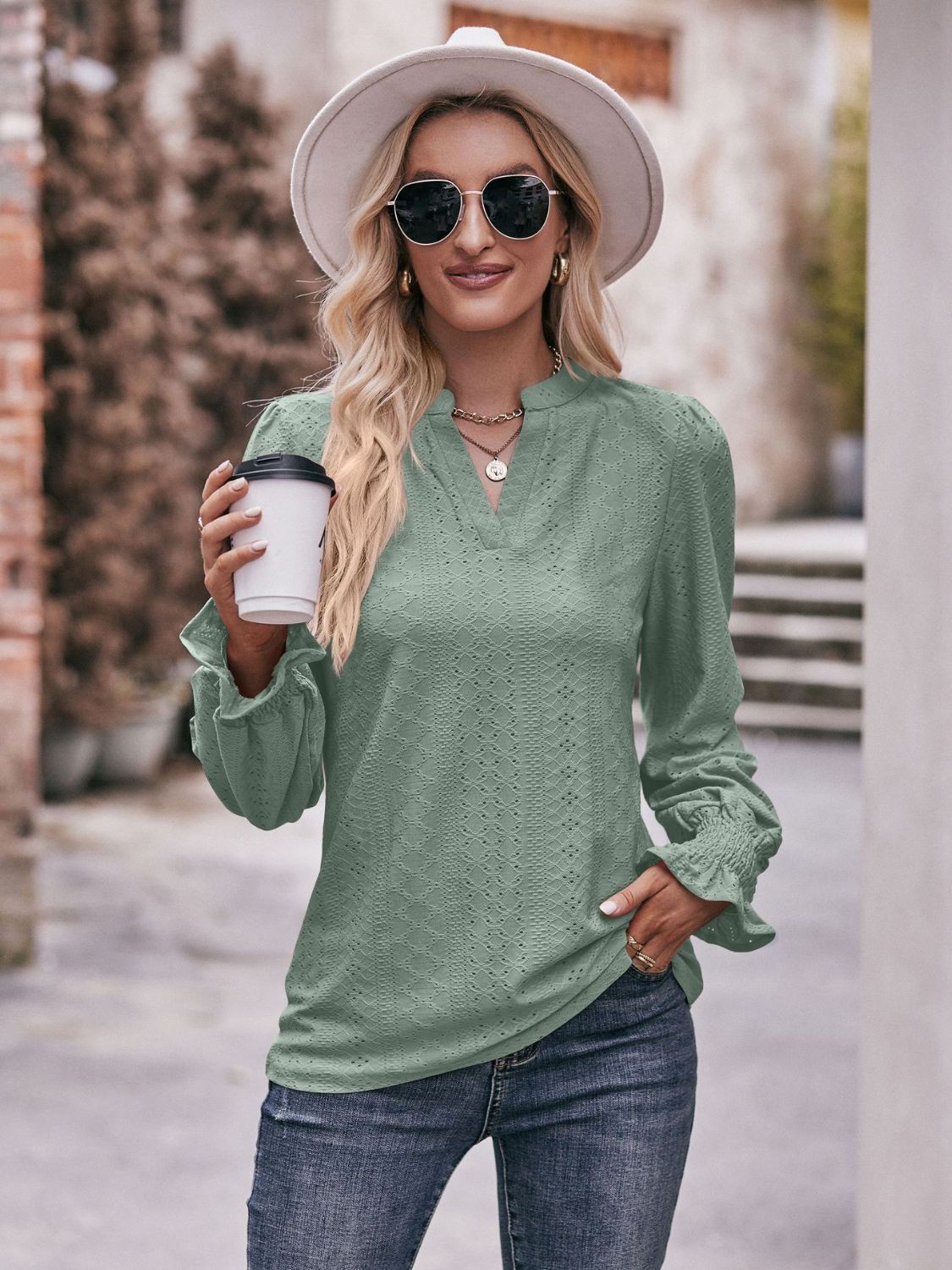 Eyelet Notched Neck Flounce Sleeve Blouse-Teresa&#39;s Fashionista LLC