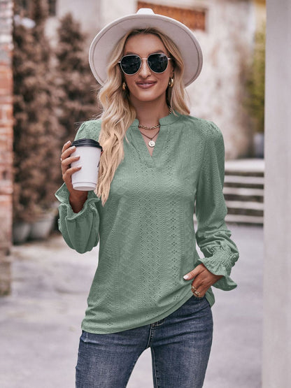 Eyelet Notched Neck Flounce Sleeve Blouse-Teresa&#39;s Fashionista LLC