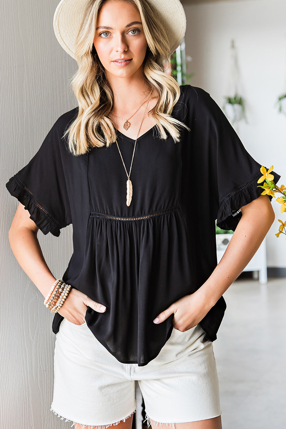 V-Neck Flounce Sleeve Babydoll Blouse-Teresa&#39;s Fashionista LLC