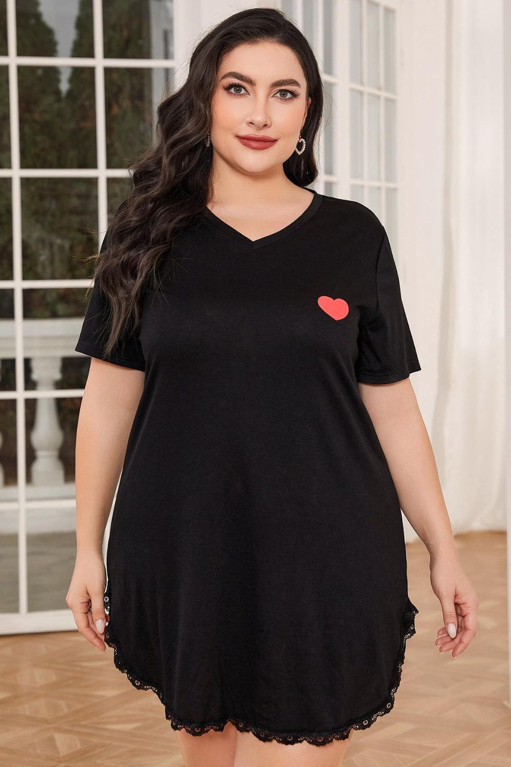 Plus Size Lace Trim V-Neck Short Sleeve Night Dress-Teresa&#39;s Fashionista LLC