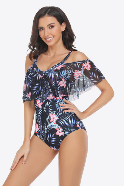 Botanical Print Cold-Shoulder Layered One-Piece Swimsuit-Teresa&#39;s Fashionista LLC