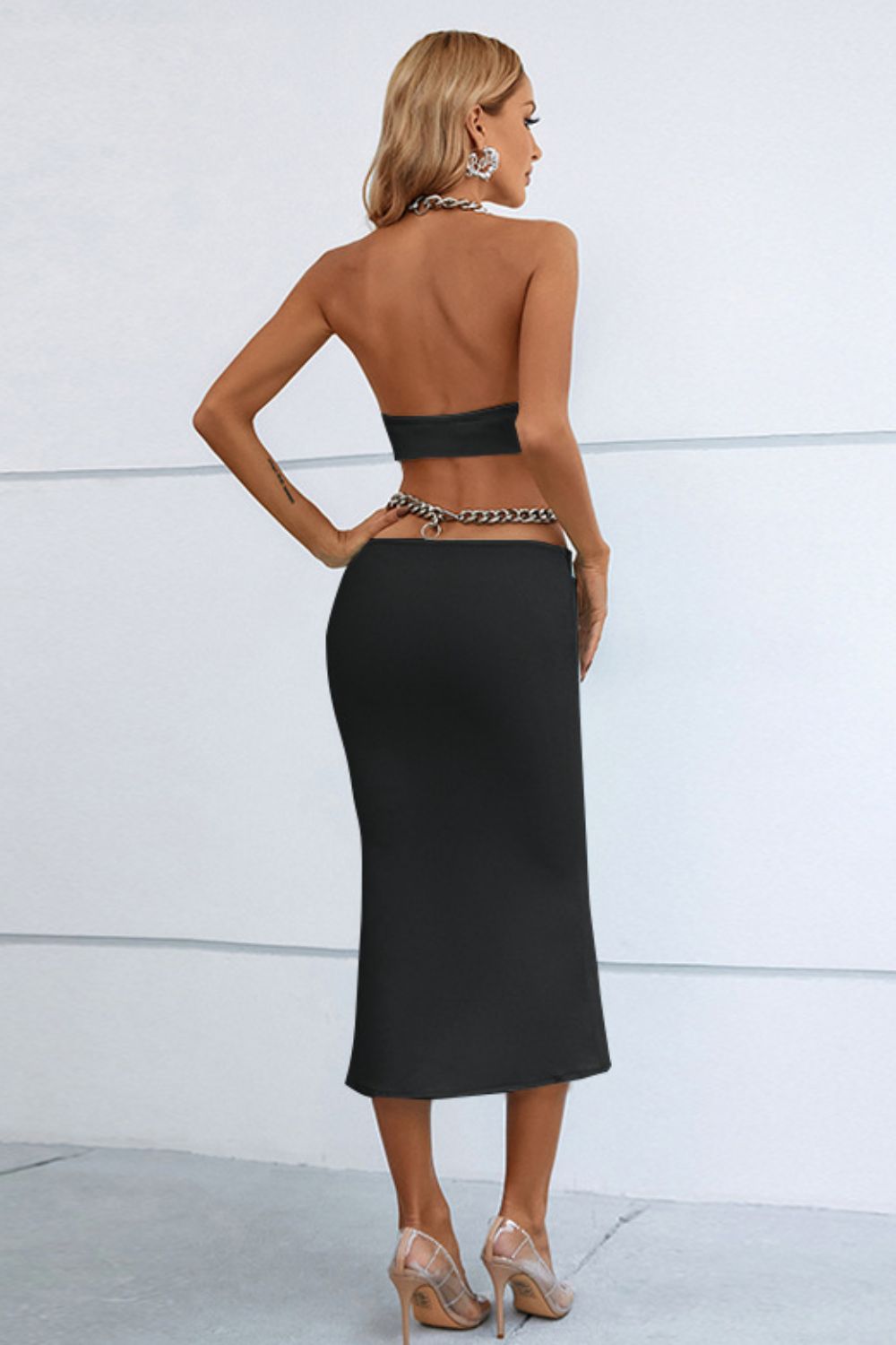 Chunky Chain Halter Neck Cutout Mini Bodycon Dress - Teresa's Fashionista LLC