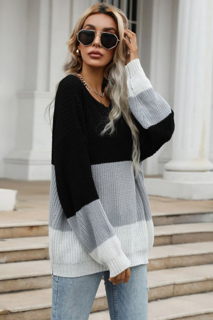 Color Block Long Sleeve Chunky Knit Sweater-Teresa&#39;s Fashionista LLC