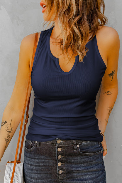 Notched Neck Ribbed Tank Top-Teresa&#39;s Fashionista LLC