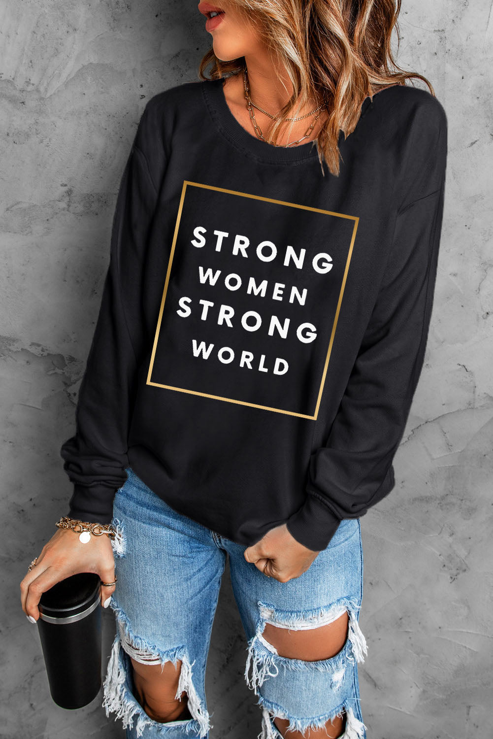 STRONG WOMEN STRONG WORLD Graphic Drop Shoulder Sweatshirt-Teresa&#39;s Fashionista LLC