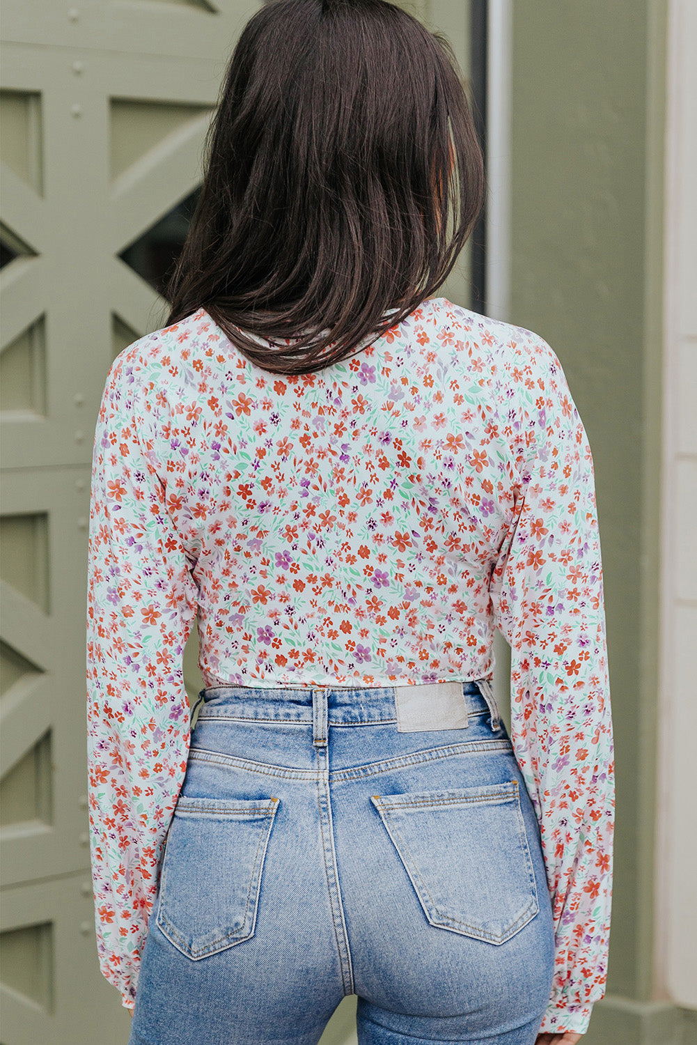 Ditsy Floral Long Sleeve Plunge Bodysuit-Teresa&#39;s Fashionista LLC