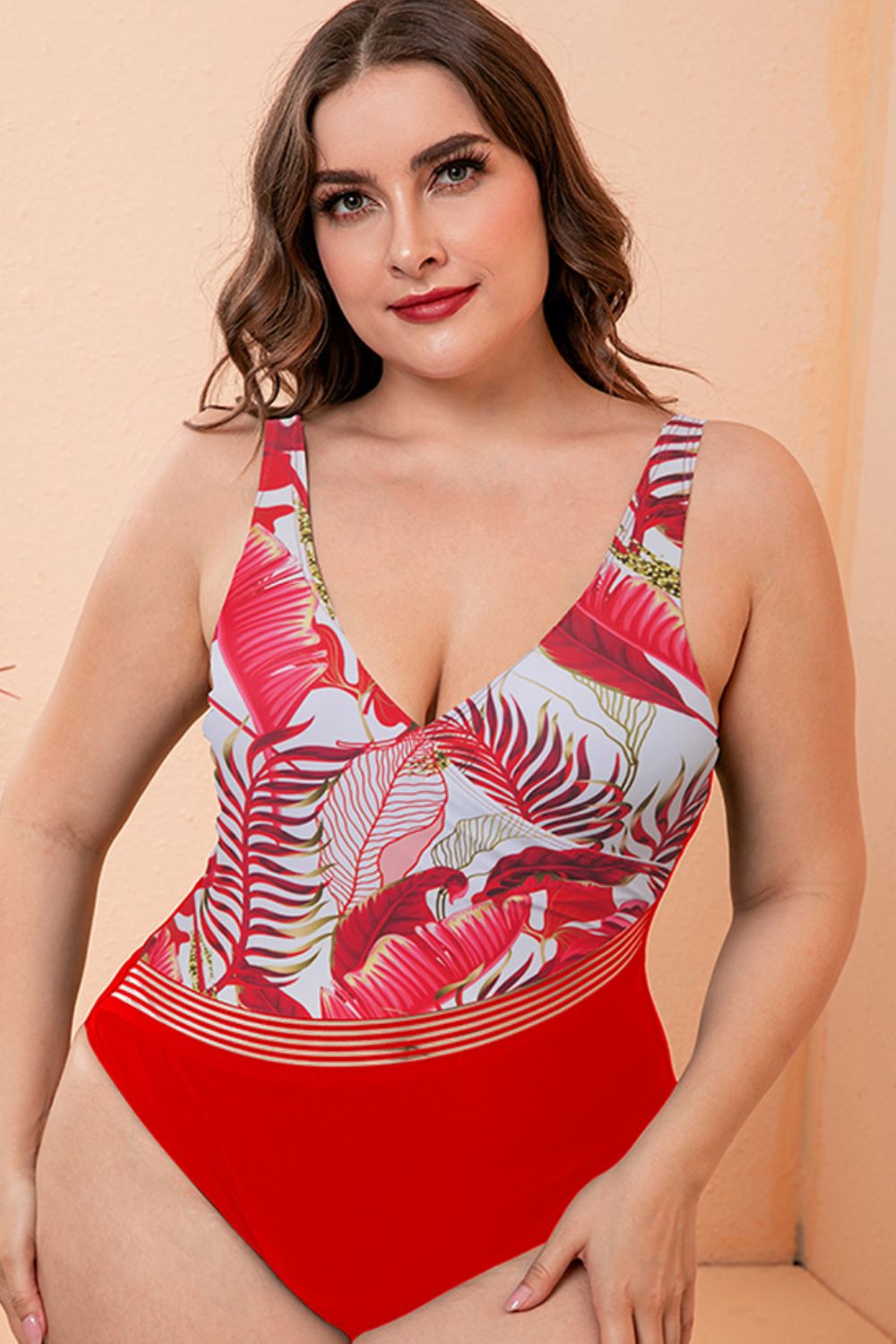 Full Size Two-Tone Plunge One-Piece Swimsuit-Teresa&#39;s Fashionista LLC