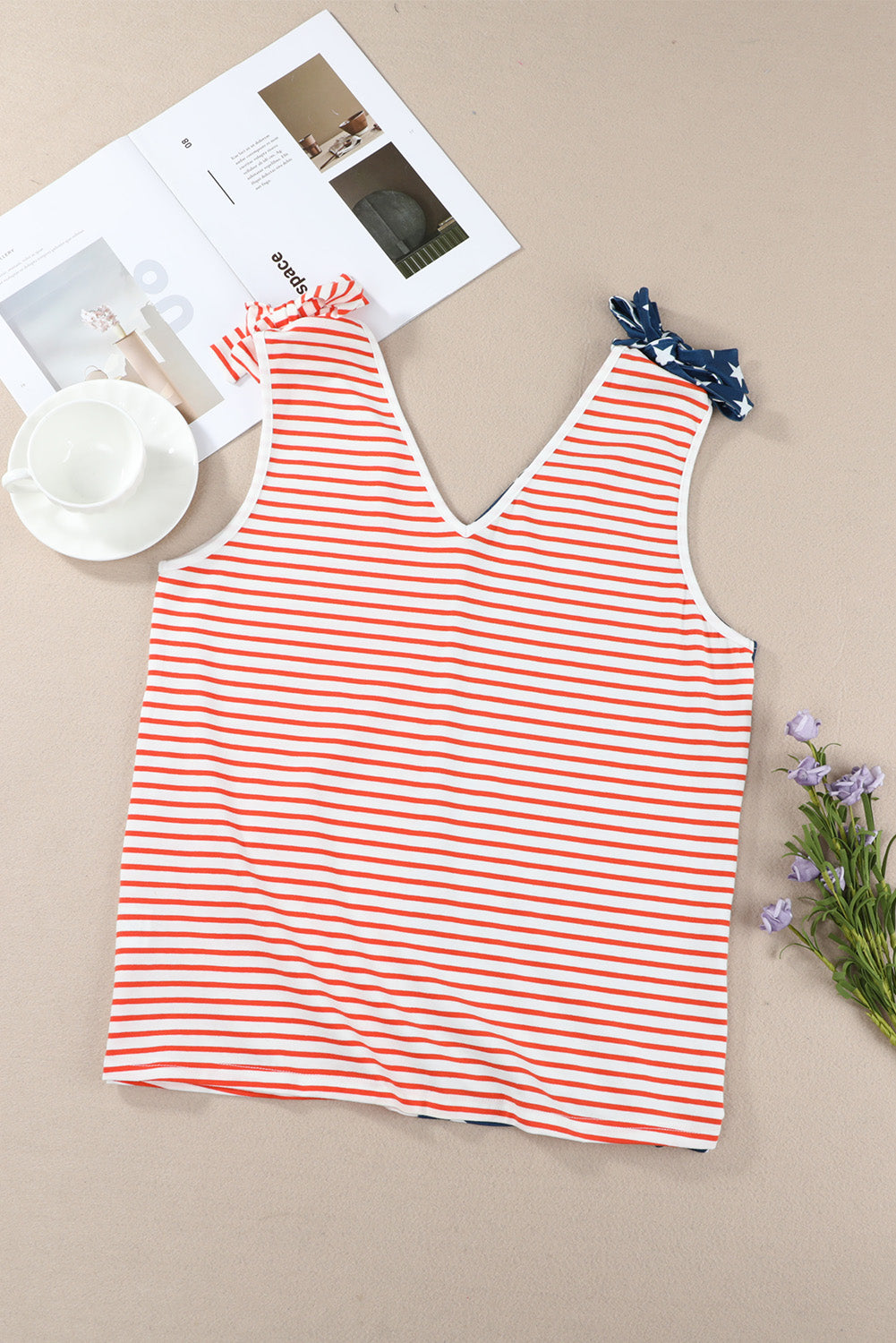 Star and Stripe V-Neck Bow Detail Tank-Teresa&#39;s Fashionista LLC