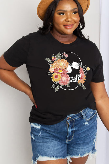 Simply Love Full Size Flower Skull Graphic Cotton Tee-Teresa&#39;s Fashionista LLC