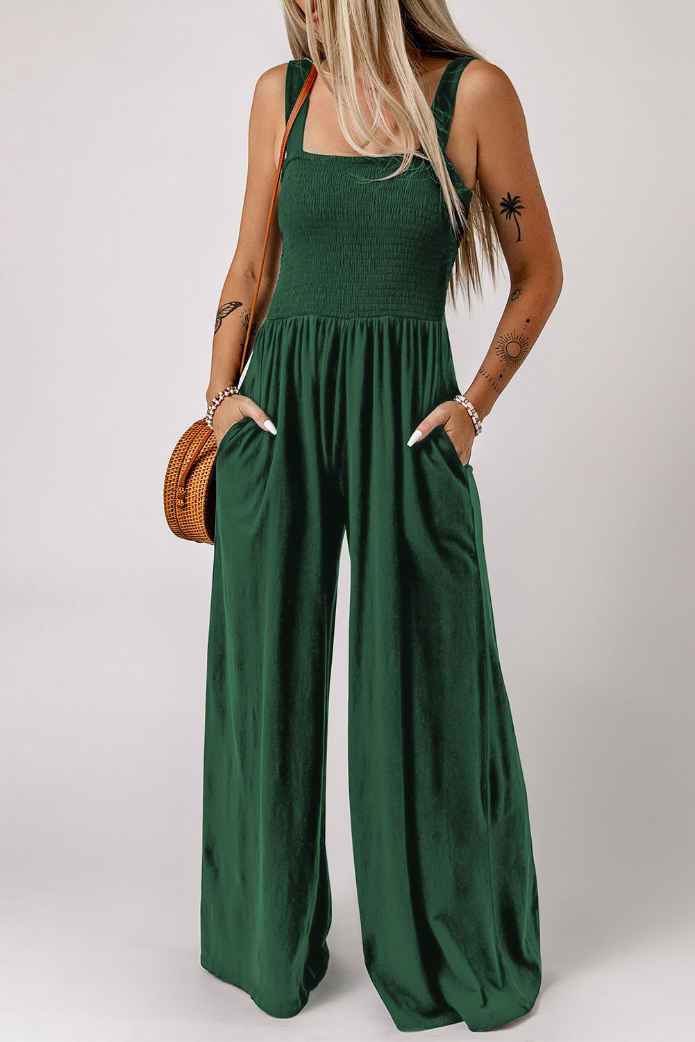 Smocked Square Neck Wide Leg Jumpsuit with Pockets-Teresa&#39;s Fashionista LLC