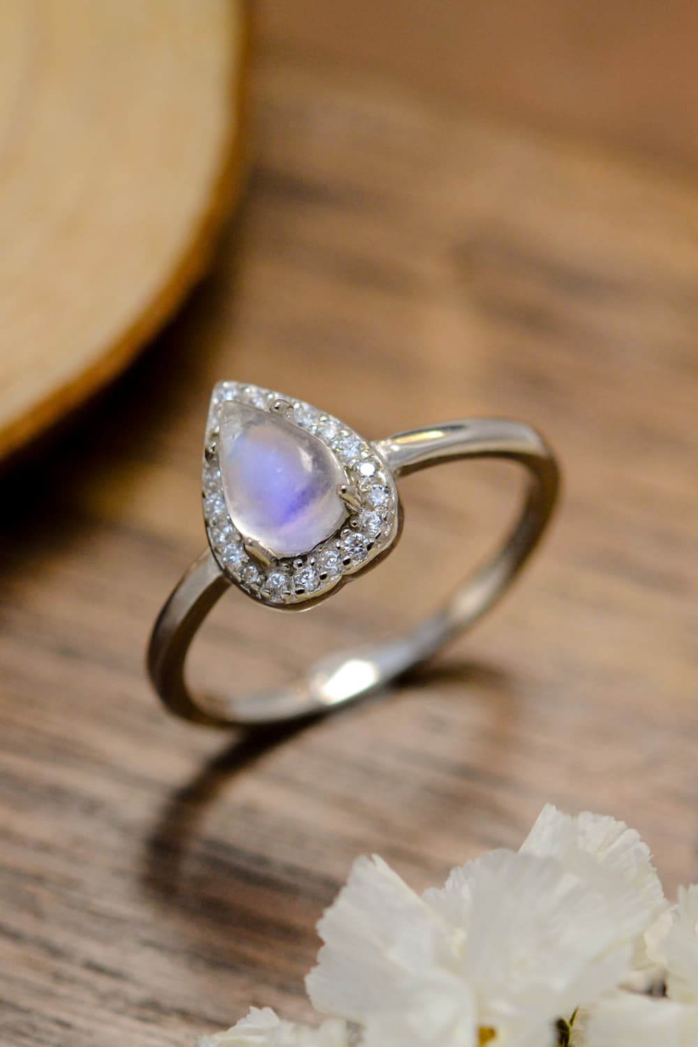 Moonstone Teardrop 925 Sterling Silver Halo Ring-Teresa&#39;s Fashionista LLC